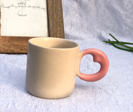 Minimal Ceramic Mug with Blush Handle – Beige